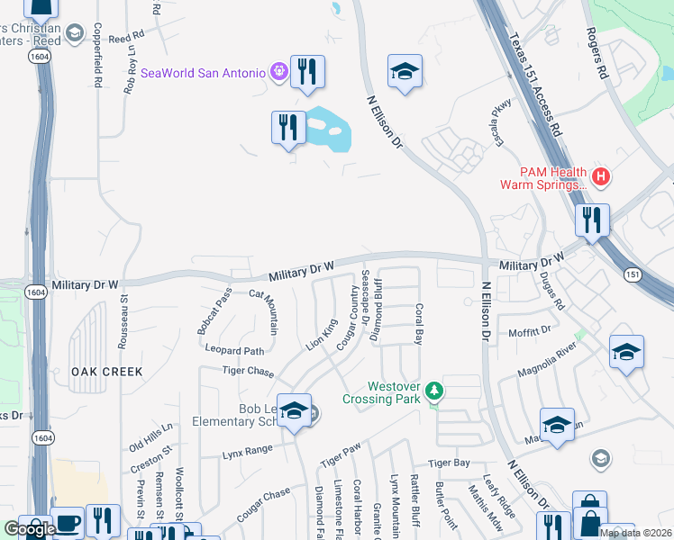 map of restaurants, bars, coffee shops, grocery stores, and more near 10424 Cub Haven in San Antonio