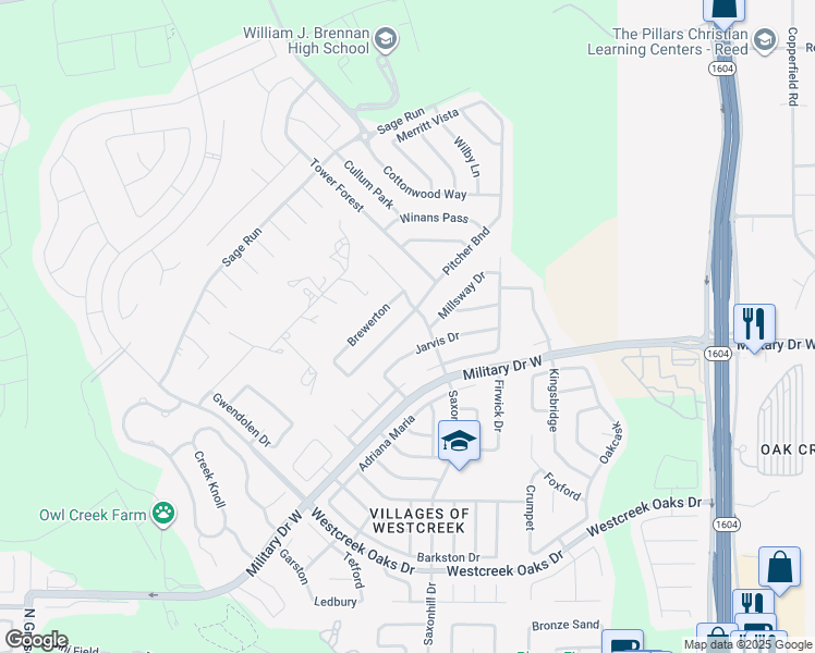 map of restaurants, bars, coffee shops, grocery stores, and more near 11815 Jarvis Drive in San Antonio