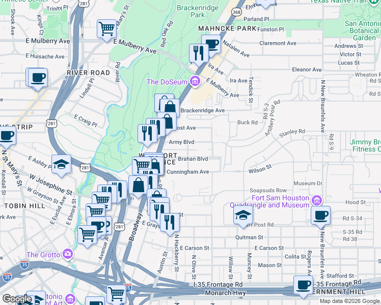 map of restaurants, bars, coffee shops, grocery stores, and more near in San Antonio