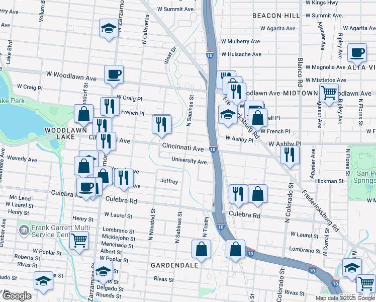 map of restaurants, bars, coffee shops, grocery stores, and more near 455 University in San Antonio