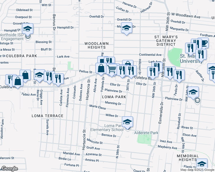 map of restaurants, bars, coffee shops, grocery stores, and more near 858 Plainview Drive in San Antonio