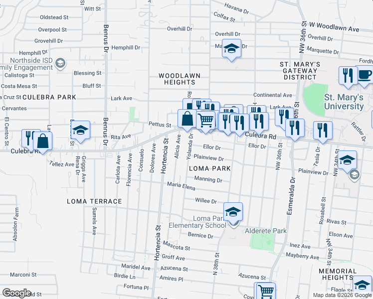 map of restaurants, bars, coffee shops, grocery stores, and more near 347 Yolanda Drive in San Antonio