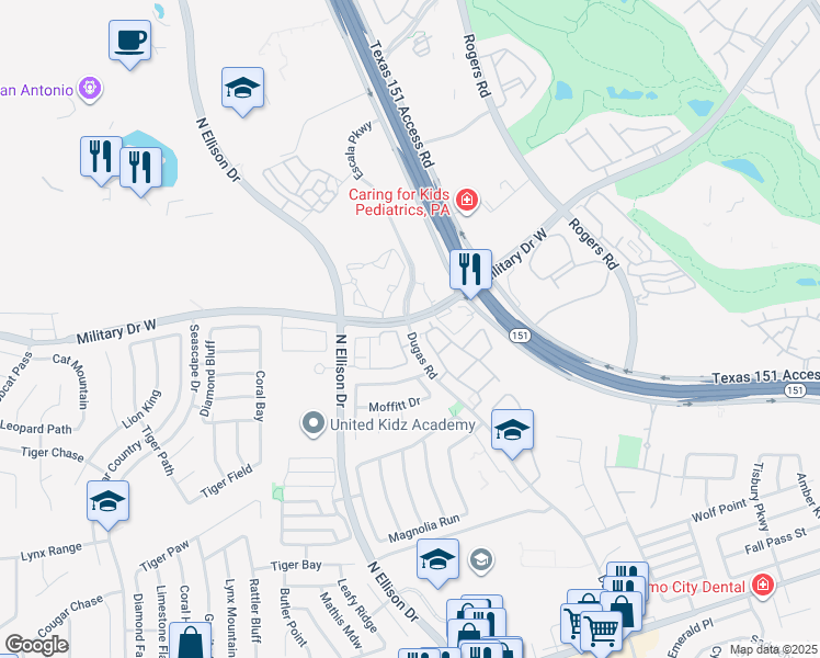 map of restaurants, bars, coffee shops, grocery stores, and more near 8823 Dugas Drive in San Antonio