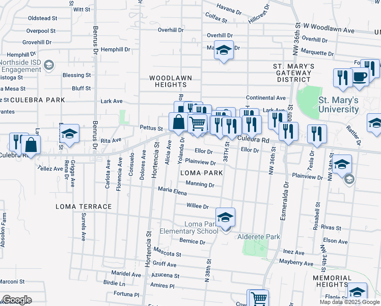 map of restaurants, bars, coffee shops, grocery stores, and more near 858 Plainview Drive in San Antonio