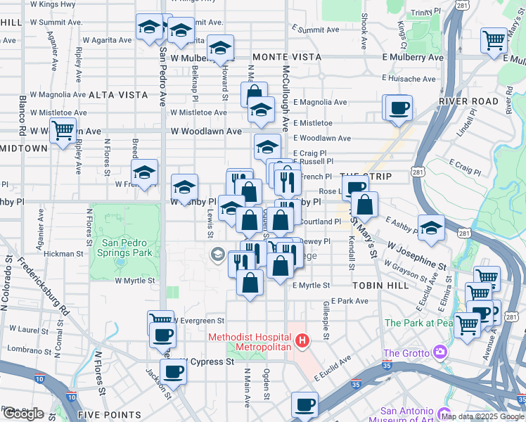 map of restaurants, bars, coffee shops, grocery stores, and more near 200 East Courtland Place in San Antonio