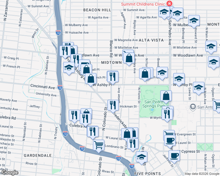 map of restaurants, bars, coffee shops, grocery stores, and more near 216 Blanco Road in San Antonio