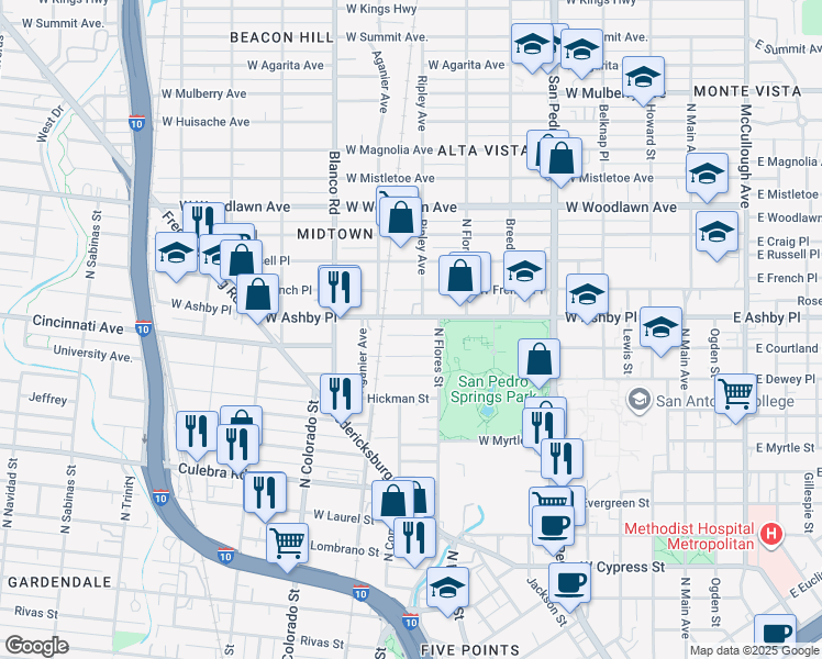 map of restaurants, bars, coffee shops, grocery stores, and more near 129 Krempkau in San Antonio
