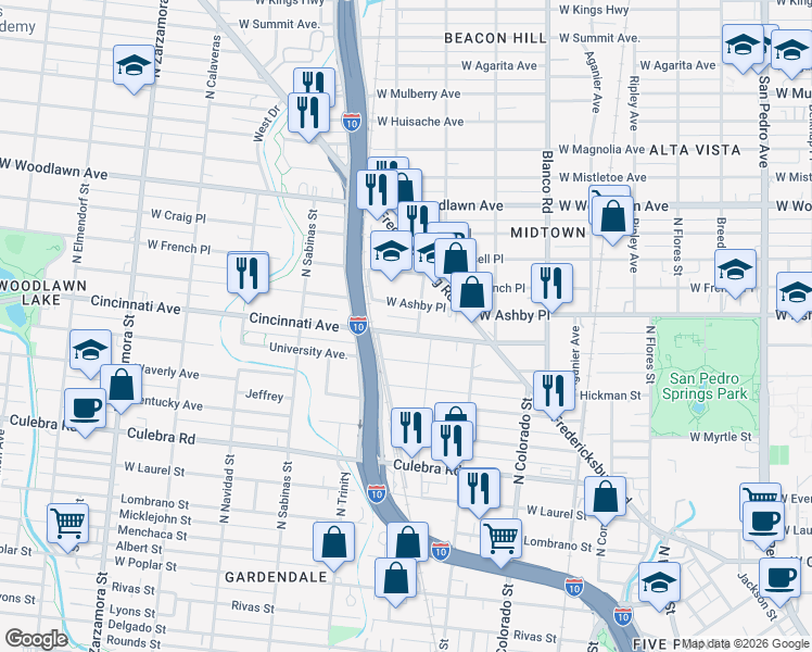map of restaurants, bars, coffee shops, grocery stores, and more near 411 Cincinnati Avenue in San Antonio