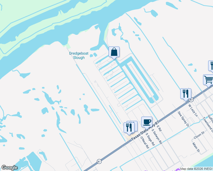 map of restaurants, bars, coffee shops, grocery stores, and more near 1101 Helen Dowdy Lane in Bolivar Peninsula