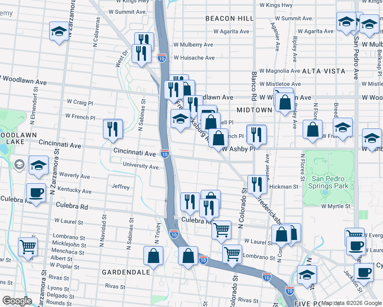 map of restaurants, bars, coffee shops, grocery stores, and more near 735 Fredericksburg Road in San Antonio
