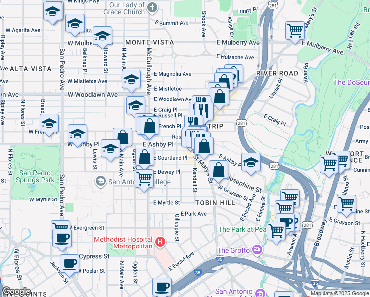 map of restaurants, bars, coffee shops, grocery stores, and more near in San Antonio
