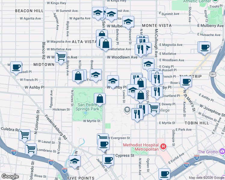 map of restaurants, bars, coffee shops, grocery stores, and more near 301 Belknap Place in San Antonio