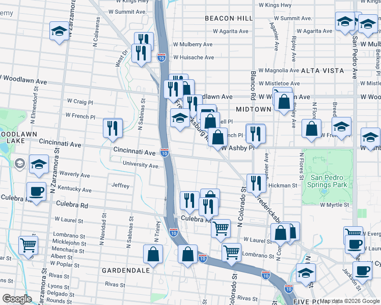 map of restaurants, bars, coffee shops, grocery stores, and more near 735 Fredericksburg Road in San Antonio