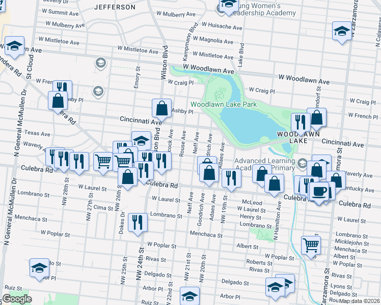 map of restaurants, bars, coffee shops, grocery stores, and more near 1422 Texas Avenue in San Antonio