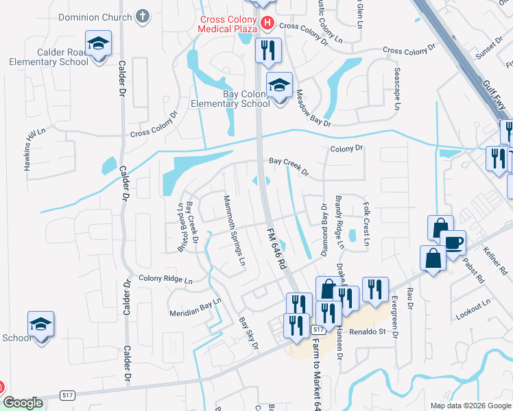 map of restaurants, bars, coffee shops, grocery stores, and more near 206 Colony Creek Drive in Dickinson