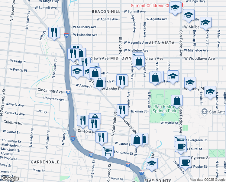 map of restaurants, bars, coffee shops, grocery stores, and more near 1137 West Ashby Place in San Antonio