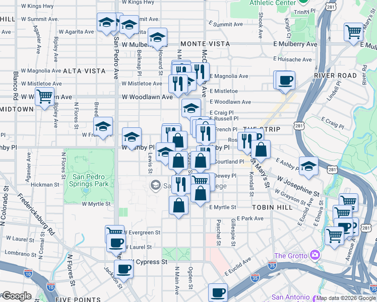 map of restaurants, bars, coffee shops, grocery stores, and more near 124 East Ashby Place in San Antonio