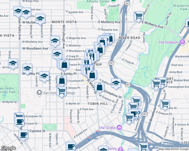 map of restaurants, bars, coffee shops, grocery stores, and more near 119 Terry Court in San Antonio