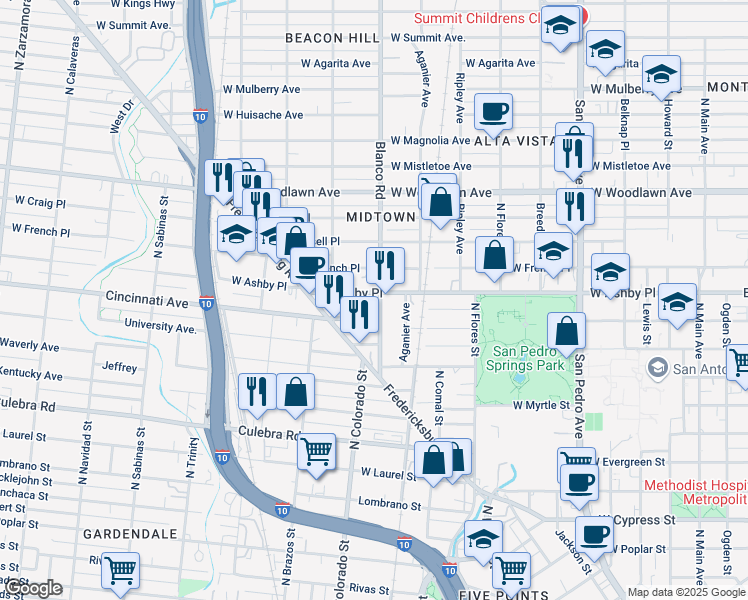 map of restaurants, bars, coffee shops, grocery stores, and more near 409 Blanco Road in San Antonio