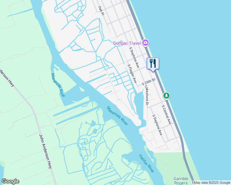 map of restaurants, bars, coffee shops, grocery stores, and more near 601 Shearwood Drive in Flagler Beach
