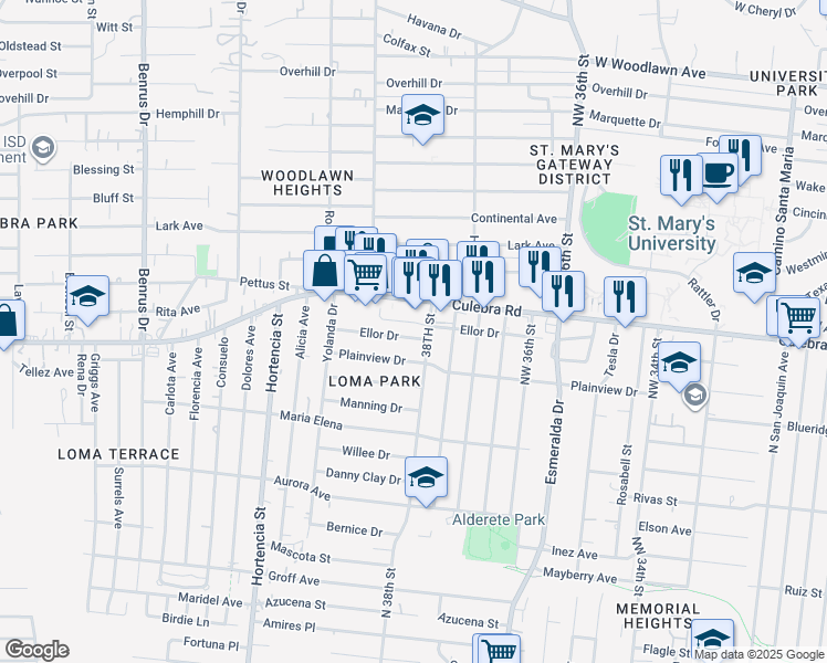 map of restaurants, bars, coffee shops, grocery stores, and more near 3642 Culebra Road in San Antonio