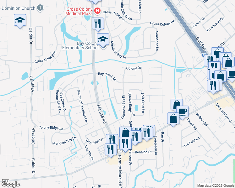 map of restaurants, bars, coffee shops, grocery stores, and more near 3011 Bay Bend Lane in Dickinson