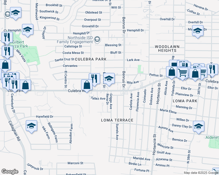 map of restaurants, bars, coffee shops, grocery stores, and more near 4151 Culebra Road in San Antonio