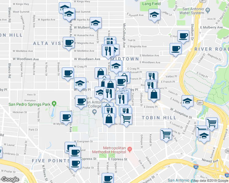 map of restaurants, bars, coffee shops, grocery stores, and more near 127 East Ashby Place in San Antonio