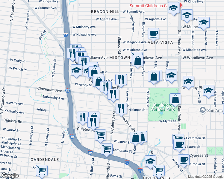 map of restaurants, bars, coffee shops, grocery stores, and more near 1137 West Ashby Place in San Antonio