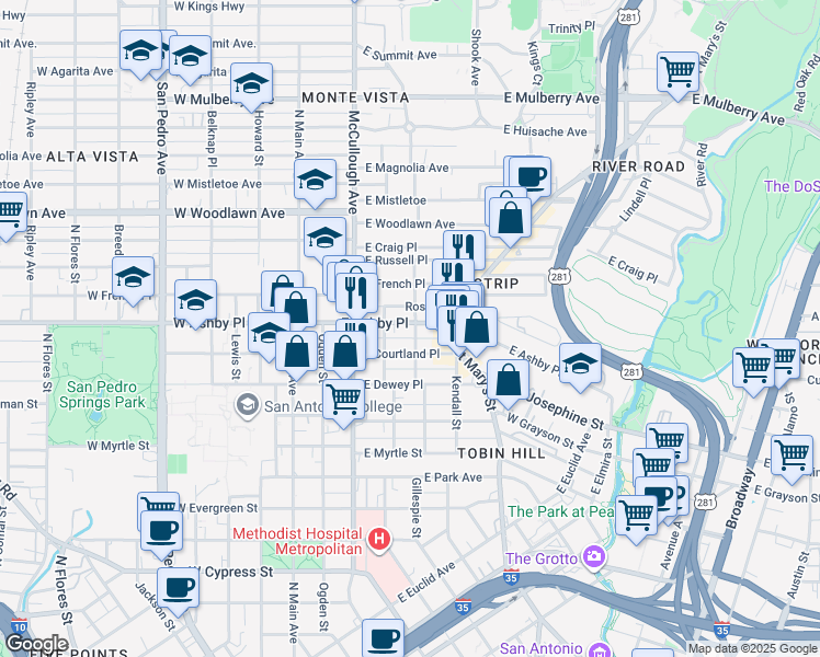 map of restaurants, bars, coffee shops, grocery stores, and more near 415 East Ashby Place in San Antonio