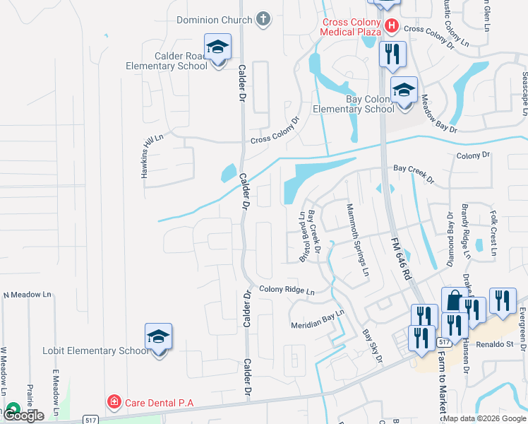map of restaurants, bars, coffee shops, grocery stores, and more near 3002 Gardencrest Lane in Dickinson