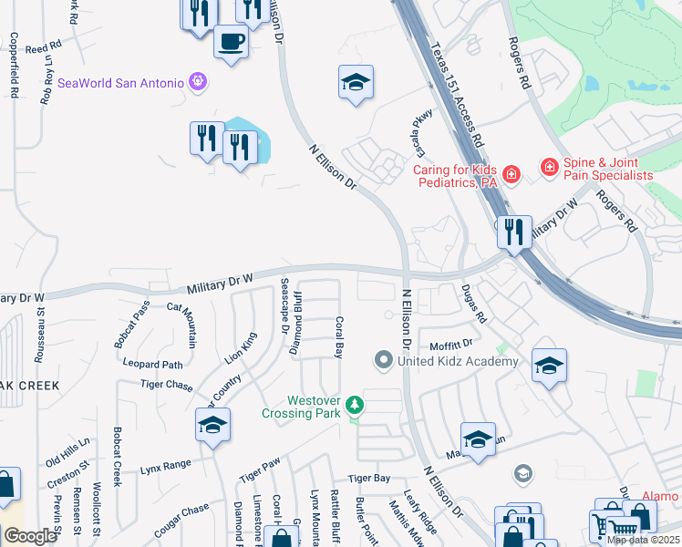 map of restaurants, bars, coffee shops, grocery stores, and more near 1541 Chinook in San Antonio