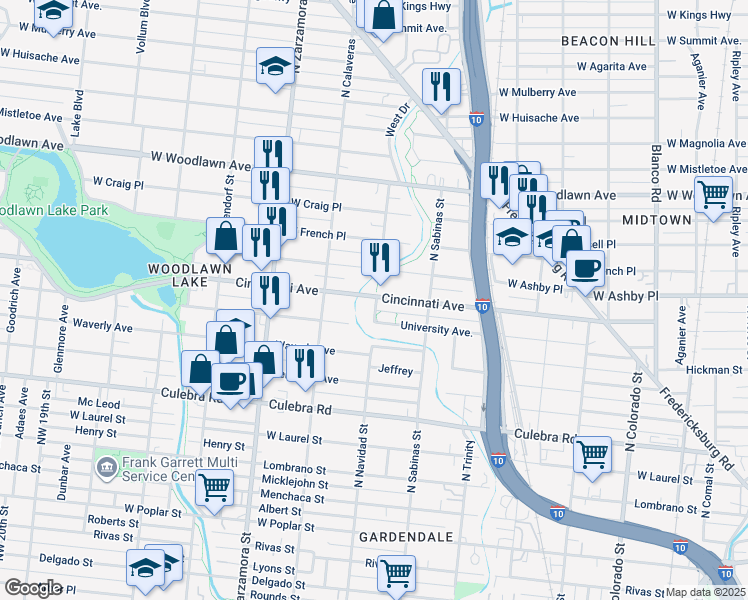 map of restaurants, bars, coffee shops, grocery stores, and more near 701 Cincinnati Avenue in San Antonio