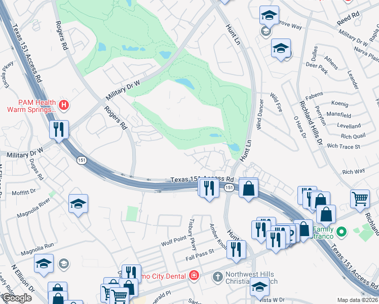map of restaurants, bars, coffee shops, grocery stores, and more near 9531 Texas 151 in San Antonio