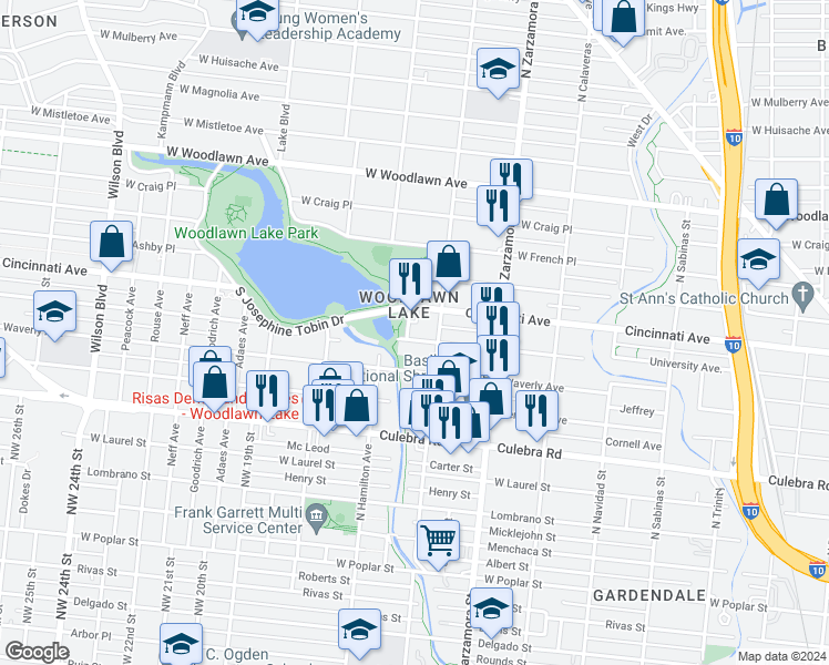 map of restaurants, bars, coffee shops, grocery stores, and more near 106 Alexander Ave in San Antonio