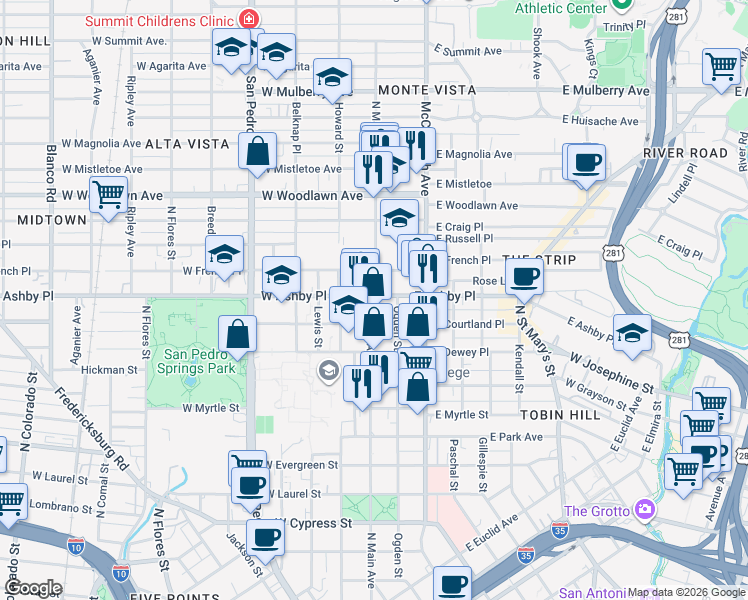 map of restaurants, bars, coffee shops, grocery stores, and more near 2030 North Main Avenue in San Antonio
