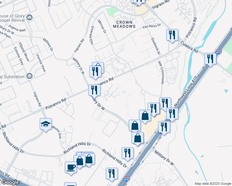 map of restaurants, bars, coffee shops, grocery stores, and more near 8030 Potranco Road in San Antonio