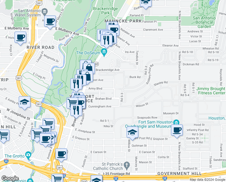 map of restaurants, bars, coffee shops, grocery stores, and more near 341 Army Boulevard in San Antonio