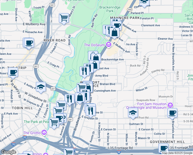 map of restaurants, bars, coffee shops, grocery stores, and more near 233 Army Boulevard in San Antonio