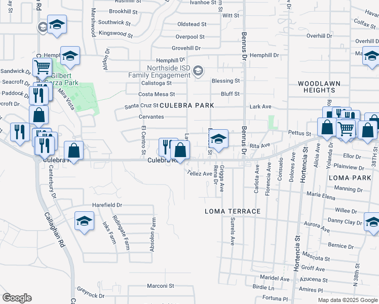 map of restaurants, bars, coffee shops, grocery stores, and more near 5310 San Simeon Drive in San Antonio