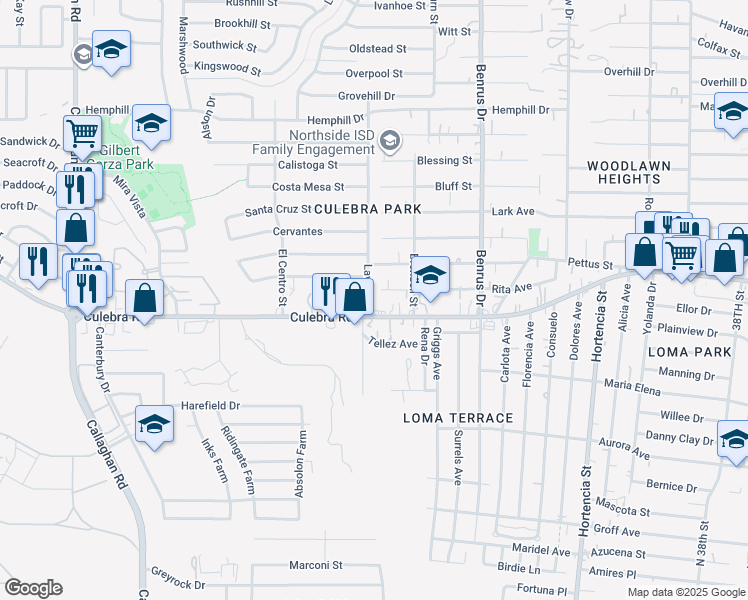 map of restaurants, bars, coffee shops, grocery stores, and more near 5310 San Simeon Drive in San Antonio