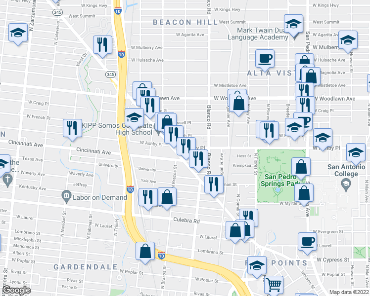 map of restaurants, bars, coffee shops, grocery stores, and more near W Ashby Pl & Grant Ave in San Antonio