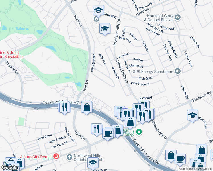 map of restaurants, bars, coffee shops, grocery stores, and more near 9227 Wind Dancer in San Antonio