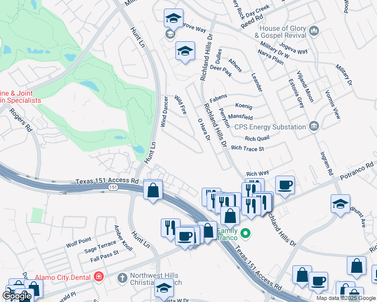 map of restaurants, bars, coffee shops, grocery stores, and more near 9227 Wind Dancer in San Antonio