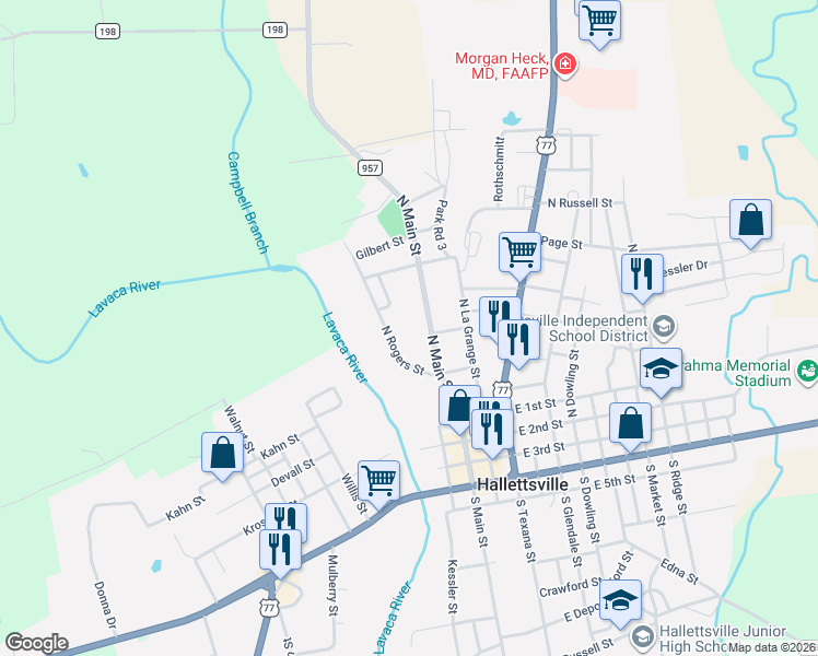 map of restaurants, bars, coffee shops, grocery stores, and more near 507 North Main Street in Hallettsville