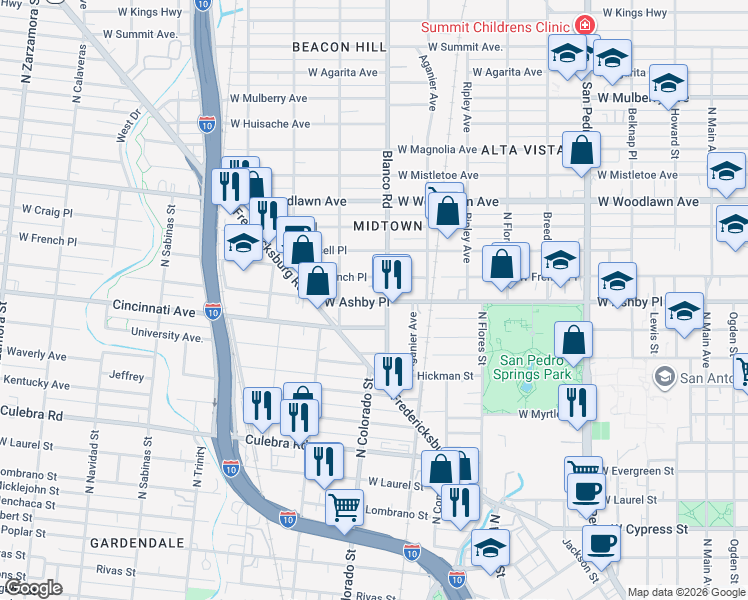 map of restaurants, bars, coffee shops, grocery stores, and more near 409 Blanco Road in San Antonio