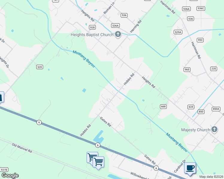 map of restaurants, bars, coffee shops, grocery stores, and more near 1261 County Road 147 in Alvin