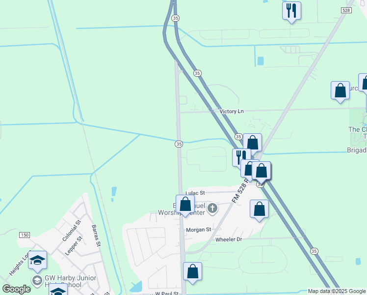 map of restaurants, bars, coffee shops, grocery stores, and more near 2700 North Gordon Street in Alvin