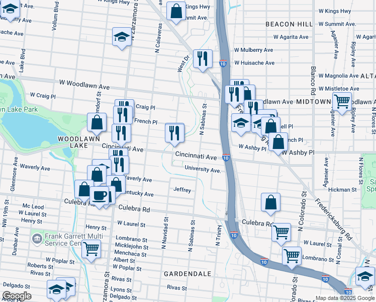 map of restaurants, bars, coffee shops, grocery stores, and more near 623 Cincinnati Avenue in San Antonio
