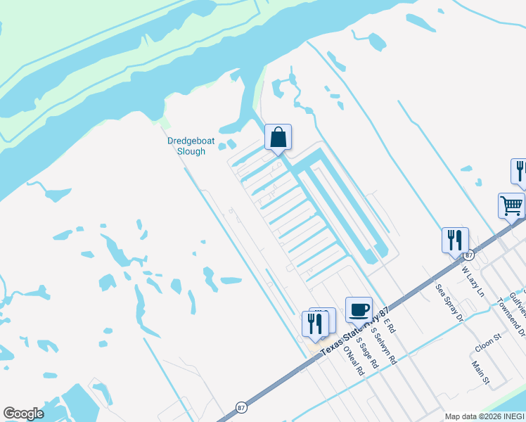 map of restaurants, bars, coffee shops, grocery stores, and more near 1101 Helen Dowdy Lane in Bolivar Peninsula